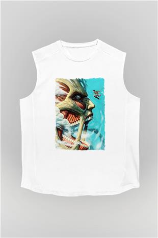 Attack On Titan Baskılı Beyaz Unisex Kolsuz Tişört - Tshirt