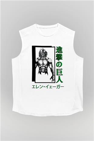 Attack On Titan Baskılı Beyaz Unisex Kolsuz Tişört - Tshirt