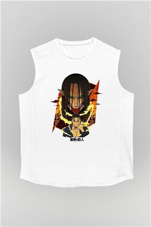 Attack On Titan Baskılı Beyaz Unisex Kolsuz Tişört - Tshirt