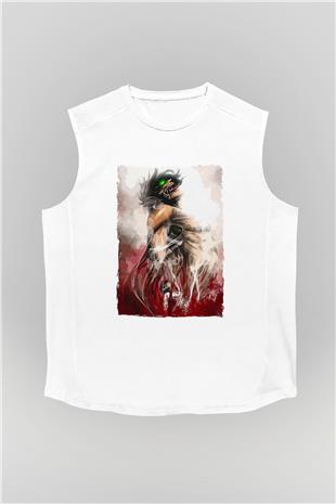 Attack On Titan Baskılı Beyaz Unisex Kolsuz Tişört - Tshirt