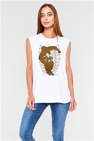Attack On Titan Baskılı Beyaz Unisex Kolsuz Tişört - Tshirt