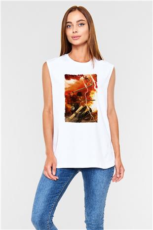 Attack On Titan Baskılı Beyaz Unisex Kolsuz Tişört - Tshirt