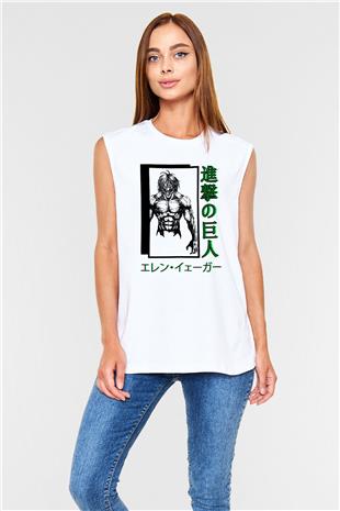 Attack On Titan Baskılı Beyaz Unisex Kolsuz Tişört - Tshirt