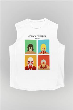 Attack On Titan Baskılı Beyaz Unisex Kolsuz Tişört - Tshirt