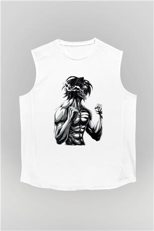 Attack On Titan Baskılı Beyaz Unisex Kolsuz Tişört - Tshirt