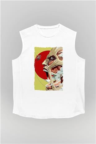 Attack On Titan Baskılı Beyaz Unisex Kolsuz Tişört - Tshirt