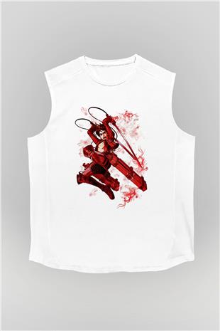 Attack On Titan Baskılı Beyaz Unisex Kolsuz Tişört - Tshirt