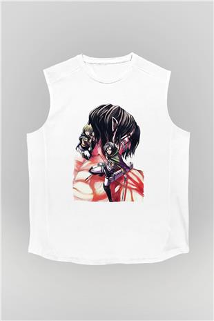Attack On Titan Baskılı Beyaz Unisex Kolsuz Tişört - Tshirt