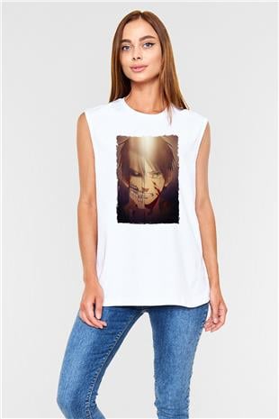 Attack On Titan Baskılı Beyaz Unisex Kolsuz Tişört - Tshirt