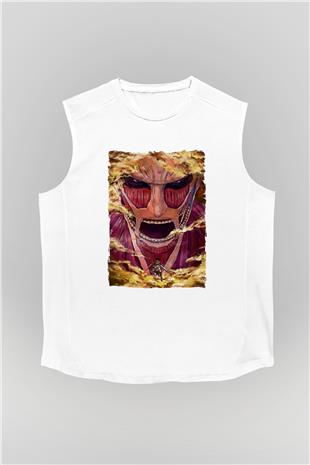 Attack On Titan Baskılı Beyaz Unisex Kolsuz Tişört - Tshirt
