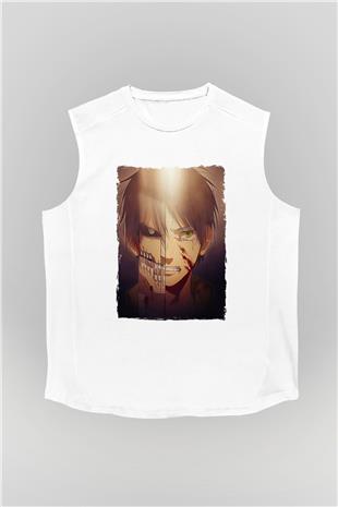 Attack On Titan Baskılı Beyaz Unisex Kolsuz Tişört - Tshirt