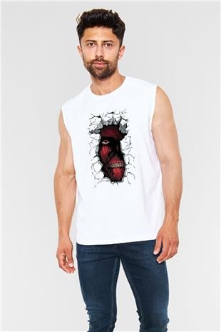 Attack On Titan Baskılı Beyaz Unisex Kolsuz Tişört - Tshirt