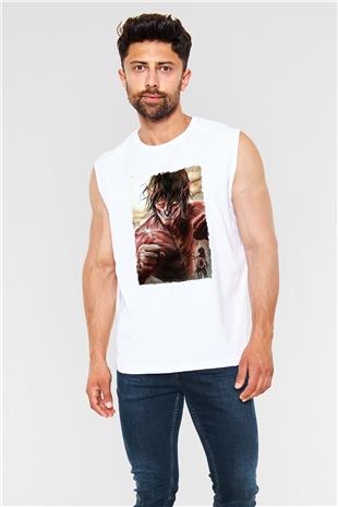 Attack On Titan Baskılı Beyaz Unisex Kolsuz Tişört - Tshirt