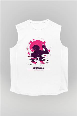 Attack On Titan Baskılı Beyaz Unisex Kolsuz Tişört - Tshirt