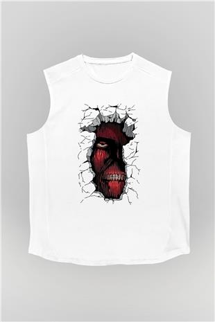 Attack On Titan Baskılı Beyaz Unisex Kolsuz Tişört - Tshirt