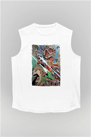 Attack On Titan Baskılı Beyaz Unisex Kolsuz Tişört - Tshirt