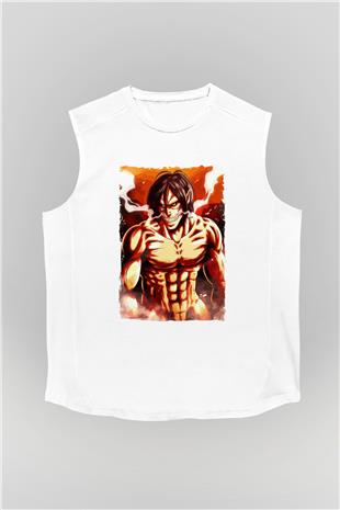 Attack On Titan Baskılı Beyaz Unisex Kolsuz Tişört - Tshirt