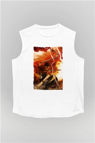 Attack On Titan Baskılı Beyaz Unisex Kolsuz Tişört - Tshirt