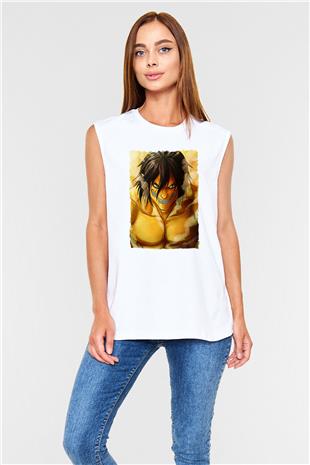 Attack On Titan Baskılı Beyaz Unisex Kolsuz Tişört - Tshirt