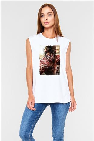 Attack On Titan Baskılı Beyaz Unisex Kolsuz Tişört - Tshirt