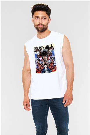 Attack On Titan Baskılı Beyaz Unisex Kolsuz Tişört - Tshirt