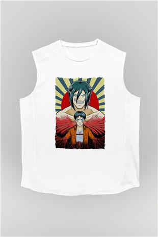 Attack On Titan Baskılı Beyaz Unisex Kolsuz Tişört - Tshirt
