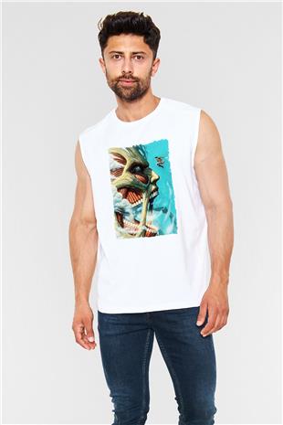 Attack On Titan Baskılı Beyaz Unisex Kolsuz Tişört - Tshirt