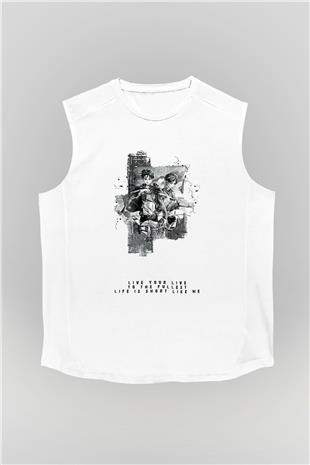 Attack On Titan Baskılı Beyaz Unisex Kolsuz Tişört - Tshirt