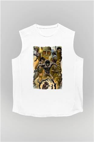 Attack On Titan Baskılı Beyaz Unisex Kolsuz Tişört - Tshirt