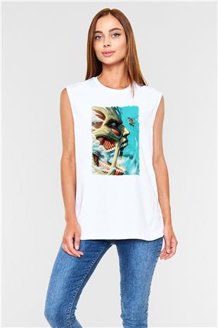 Attack On Titan Baskılı Beyaz Unisex Kolsuz Tişört - Tshirt