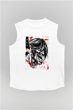 Attack On Titan Baskılı Beyaz Unisex Kolsuz Tişört - Tshirt