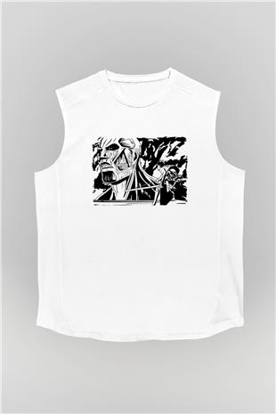Attack On Titan Baskılı Beyaz Unisex Kolsuz Tişört - Tshirt