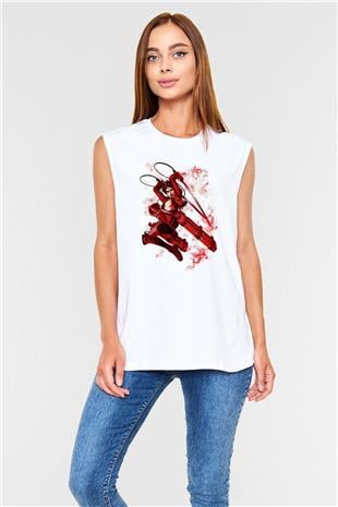 Attack On Titan Baskılı Beyaz Unisex Kolsuz Tişört - Tshirt