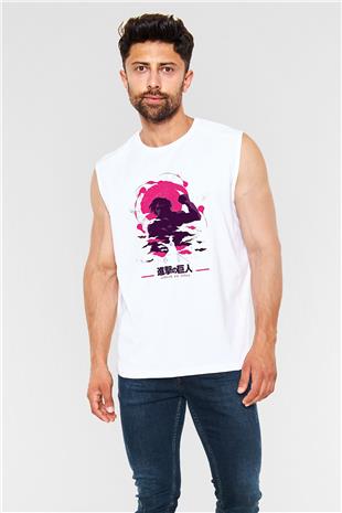 Attack On Titan Baskılı Beyaz Unisex Kolsuz Tişört - Tshirt