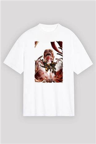 Attack On Titan Baskılı Beyaz Unisex Oversize Tişört - Tshirt