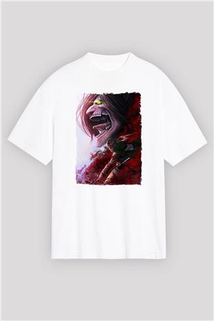 Attack On Titan Baskılı Beyaz Unisex Oversize Tişört - Tshirt