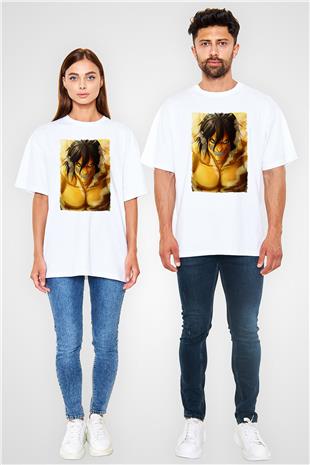 Attack On Titan Baskılı Beyaz Unisex Oversize Tişört - Tshirt