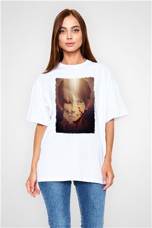 Attack On Titan Baskılı Beyaz Unisex Oversize Tişört - Tshirt
