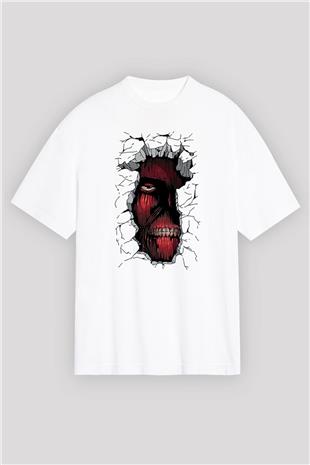 Attack On Titan Baskılı Beyaz Unisex Oversize Tişört - Tshirt
