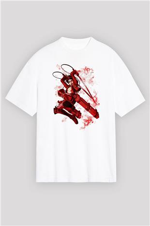 Attack On Titan Baskılı Beyaz Unisex Oversize Tişört - Tshirt