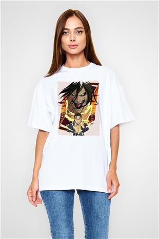 Attack On Titan Baskılı Beyaz Unisex Oversize Tişört - Tshirt