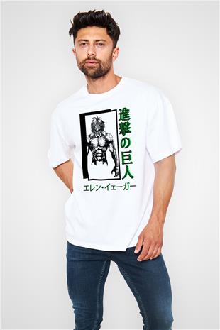 Attack On Titan Baskılı Beyaz Unisex Oversize Tişört - Tshirt