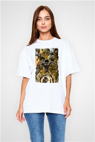 Attack On Titan Baskılı Beyaz Unisex Oversize Tişört - Tshirt