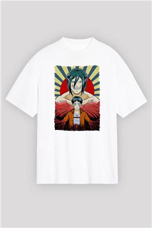 Attack On Titan Baskılı Beyaz Unisex Oversize Tişört - Tshirt