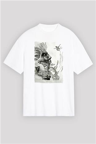 Attack On Titan Baskılı Beyaz Unisex Oversize Tişört - Tshirt