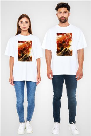 Attack On Titan Baskılı Beyaz Unisex Oversize Tişört - Tshirt