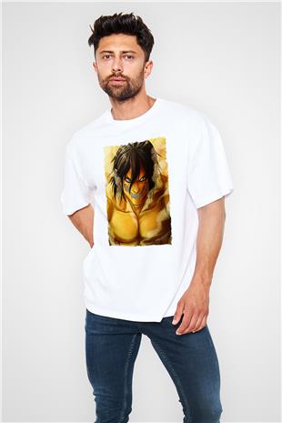 Attack On Titan Baskılı Beyaz Unisex Oversize Tişört - Tshirt