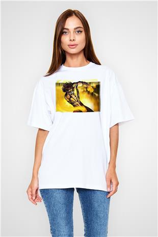Attack On Titan Baskılı Beyaz Unisex Oversize Tişört - Tshirt