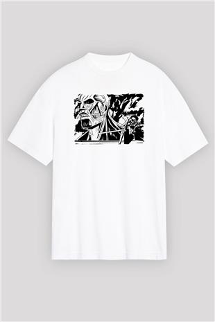 Attack On Titan Baskılı Beyaz Unisex Oversize Tişört - Tshirt