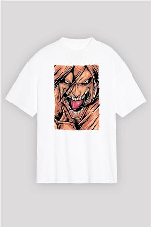 Attack On Titan Baskılı Beyaz Unisex Oversize Tişört - Tshirt